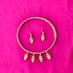 Brass Necklace Set with Matching Earrings - Brass wrapped leaf design