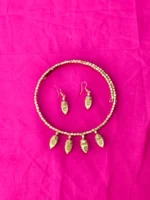 Brass Necklace Set with Matching Earrings - Brass wrapped leaf design