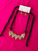 Handcrafted Dokra Brass Leaf Motif Necklace Set - Black thread - Image 2