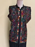 Cotton Kantha Stitch Sleeveless Jacket – Black Multicolor Embroidered Pattern