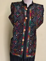 Cotton Kantha Stitch Sleeveless Jacket – Black Multicolor Embroidered Pattern - Image 2