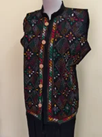 Cotton Kantha Stitch Sleeveless Jacket – Black Multicolor Embroidered Pattern - Image 4