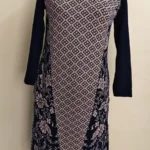 Women Winter Woolen Kurti with Geometric & Floral Print (Navy blue & Of White)