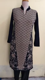 Women Winter Woolen Kurti with Geometric & Floral Print (Navy blue & Of White)