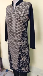 Women Winter Woolen Kurti with Geometric & Floral Print (Navy blue & Of White) - Image 3