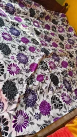 Cotton Bed cover Vine and flower design White base Purple flowers and leaves