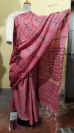 Bengal Kantha Stitch Khadi Cotton Saree – Light pink - Image 3