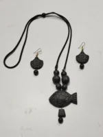 Black Terracotta Necklace Set with Earrings Fish locket - Image 2