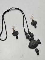 Black Terracotta Necklace Set with Earrings Fish locket