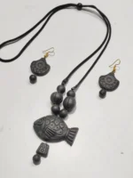 Black Terracotta Necklace Set with Earrings Fish locket - Image 3