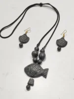 Black Terracotta Necklace Set with Earrings Fish locket - Image 4