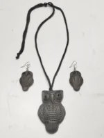 Black Terracotta Necklace Set with Earrings Owl design locket - Image 5