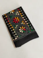 Black Kantha Stitch Blouse Piece Multi Colour Thread Work - Image 3