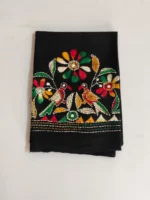 Black Kantha Stitch Blouse Piece - Flower and bird motifs