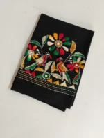 Black Kantha Stitch Blouse Piece - Flower and bird motifs - Image 2