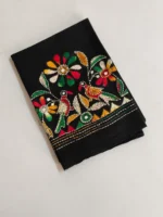 Black Kantha Stitch Blouse Piece - Flower and bird motifs - Image 3