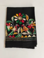 Black Kantha Stitch Blouse Piece - Flower and bird motifs - Image 4