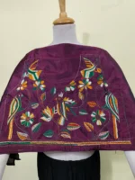 Maroon Silk Kantha Stitch Blouse Material – Handcrafted Bird & Floral Motive design