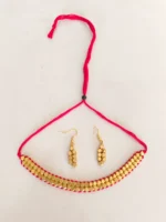 Golden Beads Choker Necklace Set with Matching Earrings – Red Thread Design - Image 4