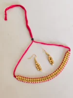 Golden Beads Choker Necklace Set with Matching Earrings – Red Thread Design - Image 3
