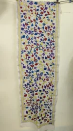 D Tussar Silk Kantha Stole – Off-White, Blue & Purple Vines