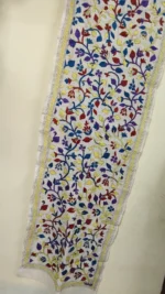 D Tussar Silk Kantha Stole – Off-White, Blue & Purple Vines - Image 2