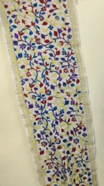 D Tussar Silk Kantha Stole – Off-White, Blue & Purple Vines - Image 3