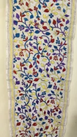 D Tussar Silk Kantha Stole – Off-White, Blue & Purple Vines - Image 4