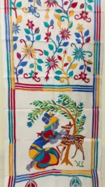 Handcrafted D Tussar Silk Kantha Stole – Multicolor Floral Embroidery on Cream Base - Image 5