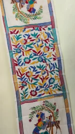 Handcrafted D Tussar Silk Kantha Stole – Multicolor Floral Embroidery on Cream Base - Image 9