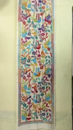 Pure D Tussar Silk Kantha Stole – Multicolor Bird & Floral Hand Embroidery on Cream Base - Image 5