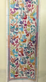 Pure D Tussar Silk Kantha Stole – Multicolor Bird & Floral Hand Embroidery on Cream Base - Image 2