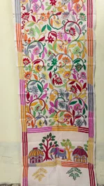 Pure D Tussar Silk Kantha Stole – Multicolor Folk Art & Floral Hand Embroidery on Cream Base - Image 2