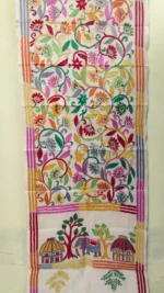 Pure D Tussar Silk Kantha Stole – Multicolor Folk Art & Floral Hand Embroidery on Cream Base - Image 5