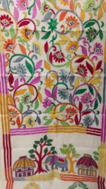 Pure D Tussar Silk Kantha Stole – Multicolor Folk Art & Floral Hand Embroidery on Cream Base - Image 4
