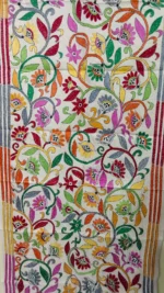 Pure D Tussar Silk Kantha Stole – Multicolor Folk Art & Floral Hand Embroidery on Cream Base - Image 9