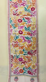 D Tussar Silk Kantha Stole – Off-White, Teal Orange Magenta Floral Vines - Image 2