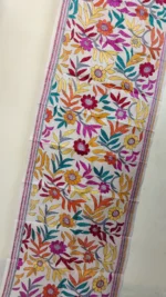 D Tussar Silk Kantha Stole – Off-White, Teal Orange Magenta Floral Vines - Image 8