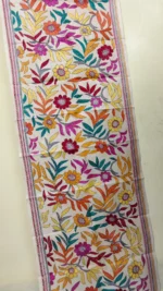 D Tussar Silk Kantha Stole – Off-White, Teal Orange Magenta Floral Vines - Image 3