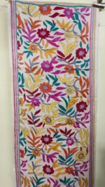 D Tussar Silk Kantha Stole – Off-White, Teal Orange Magenta Floral Vines - Image 7