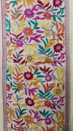 D Tussar Silk Kantha Stole – Off-White, Teal Orange Magenta Floral Vines - Image 6