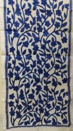 D Tussar Silk Kantha Stole – Off-White with Blue color Yarn Work - Image 8