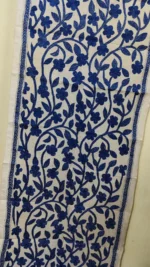 D Tussar Silk Kantha Stole – Off-White with Blue color Yarn Work - Image 6