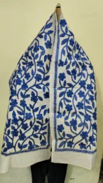 D Tussar Silk Kantha Stole – Off-White with Blue color Yarn Work