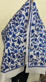 D Tussar Silk Kantha Stole – Off-White with Blue color Yarn Work - Image 3