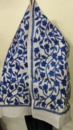 D Tussar Silk Kantha Stole – Off-White with Blue color Yarn Work - Image 4