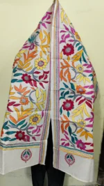 D Tussar Silk Kantha Stole – Off-White, Teal Orange Magenta Floral Vines