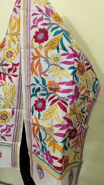 D Tussar Silk Kantha Stole – Off-White, Teal Orange Magenta Floral Vines - Image 5
