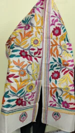 D Tussar Silk Kantha Stole – Off-White, Teal Orange Magenta Floral Vines - Image 4