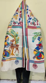 Handcrafted D Tussar Silk Kantha Stole – Multicolor Floral Embroidery on Cream Base